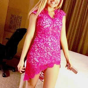 AZBRO Women’s Stunning Floral Lace Asymmetrical Mini Dress - hot pink, size S